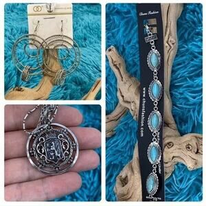 3 piece Jewelry Set turquoise Silver bracelet, layer Crest necklace & earring.